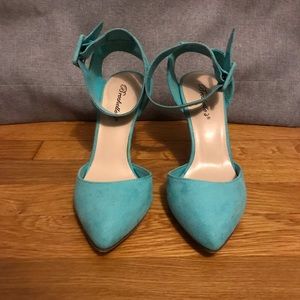 Teal faux suede ankle strap heels